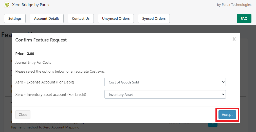 Setting up a feature to sync journal entry for costs for non inventory products by Xero bridge app.